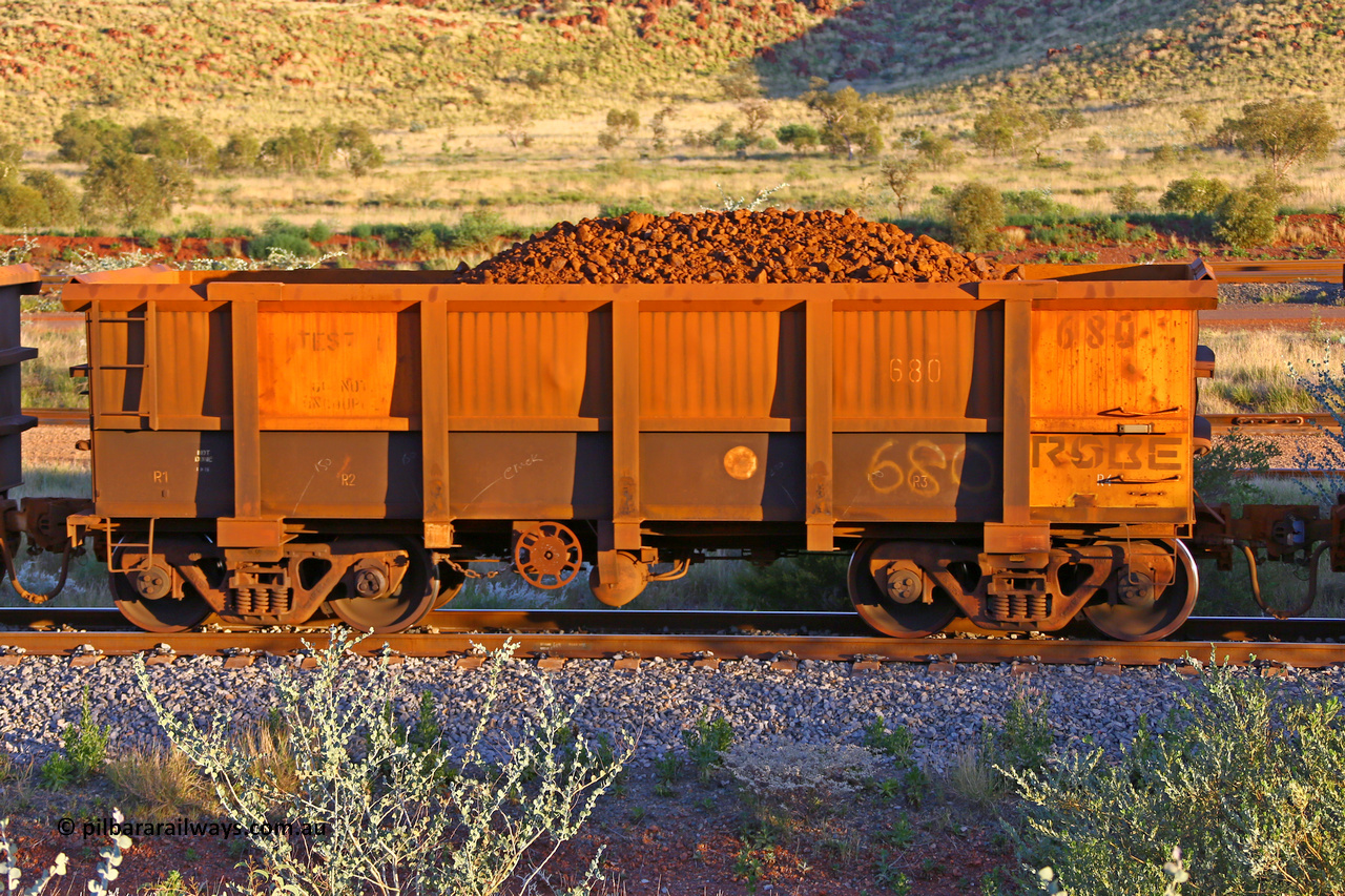 0680 170513 8748
Robe River ore waggon 680, built by Tomlinson Steel WA, handbrake side loaded view, stencil sats TEST CAR DO NOT UNCOUPLE, Cape Lambert yard, May 13, 2017.
Keywords: 680;Tomlinson-Steel-WA;Robe-ore-waggon;