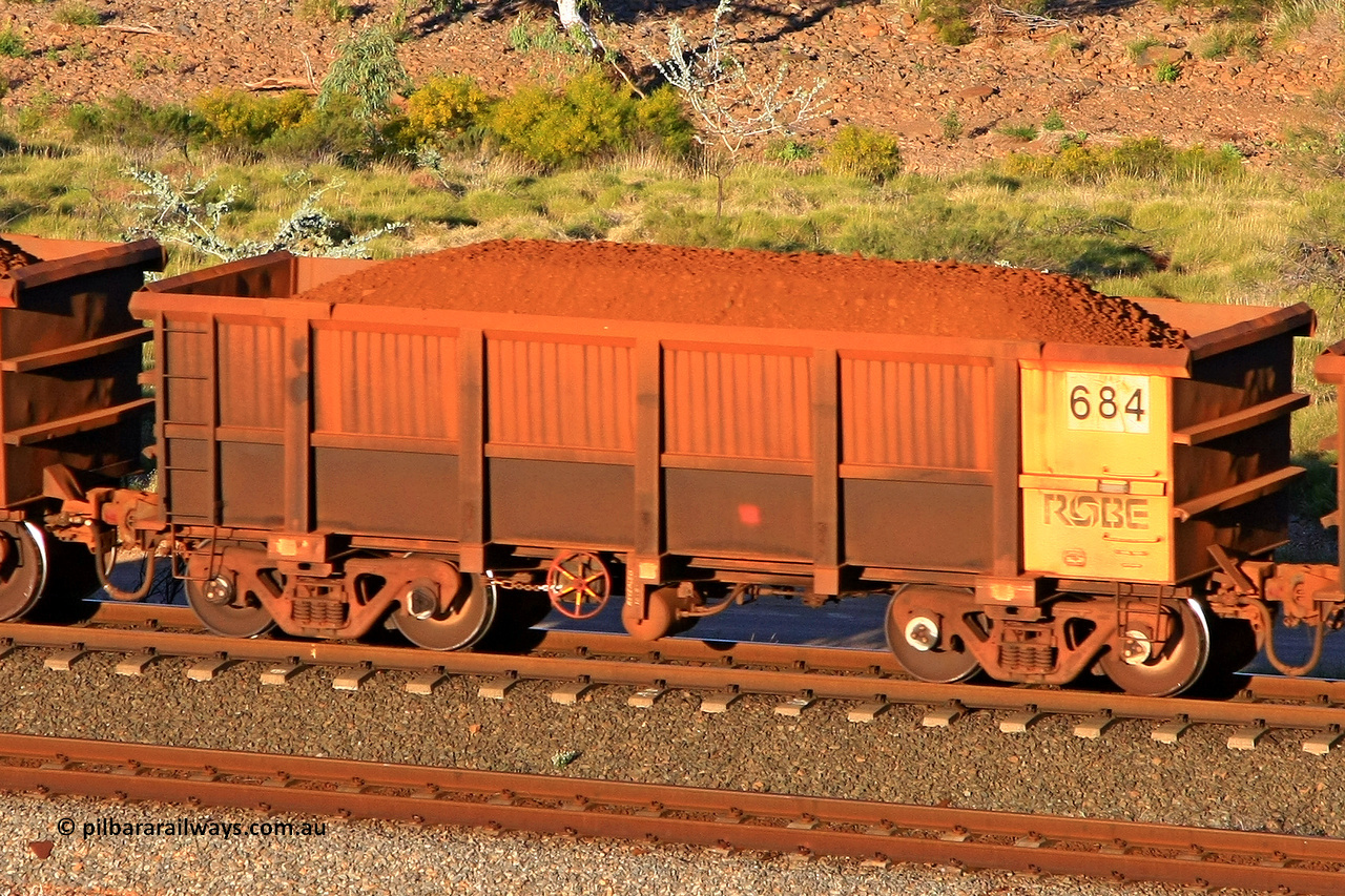 0684 110602 1714
Robe River ore waggon 684, built by Tomlinson Steel WA, rotary coupler end handbrake side loaded view at the 71 km, Western Creek on the Deepdale line. June 2, 2011.
Keywords: 684;Tomlinson-Steel-WA;Robe-ore-waggon;