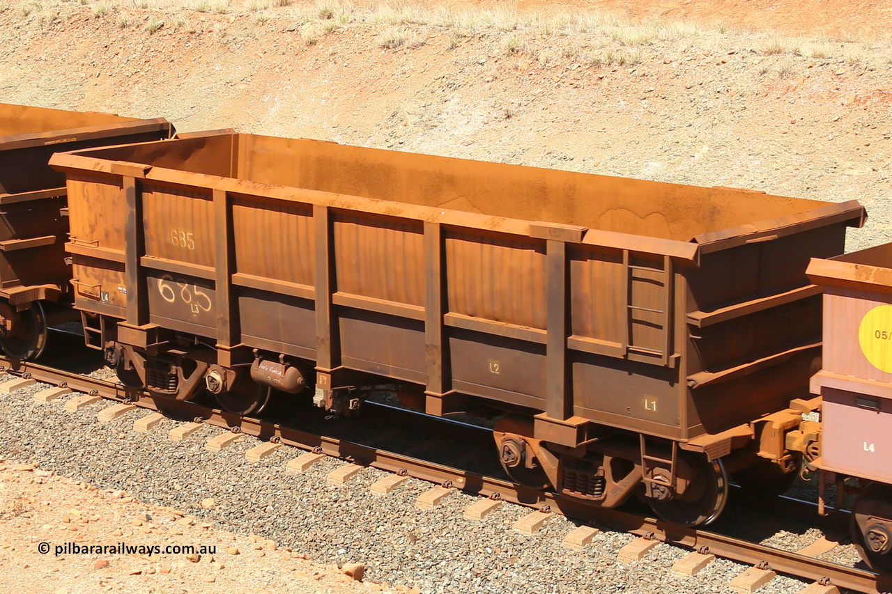 0685 160306 1305
Robe River ore waggon 685, built by Tomlinson Steel WA, fixed coupler non-handbrake side empty view at Greenpool on the Cape Lambert line. March 6, 2016.
Keywords: 685;Tomlinson-Steel-WA;Robe-ore-waggon;
