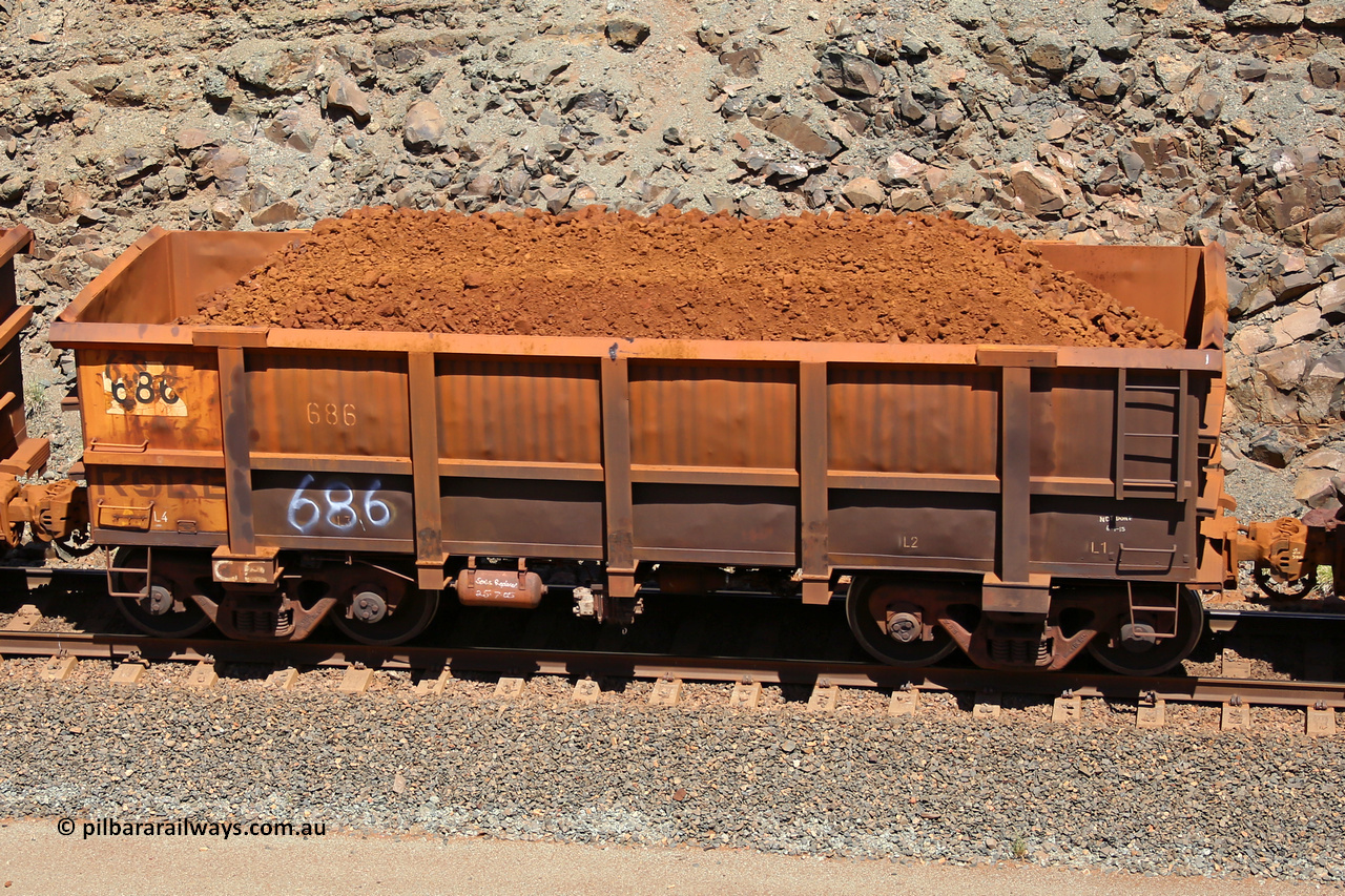 0686 160306 1572
Robe River ore waggon 686, built by Tomlinson Steel WA, fixed coupler non-handbrake side loaded view, at the 45 km, Harding Siding on the Cape Lambert line. March 6, 2016.
Keywords: 686;Tomlinson-Steel-WA;Robe-ore-waggon;