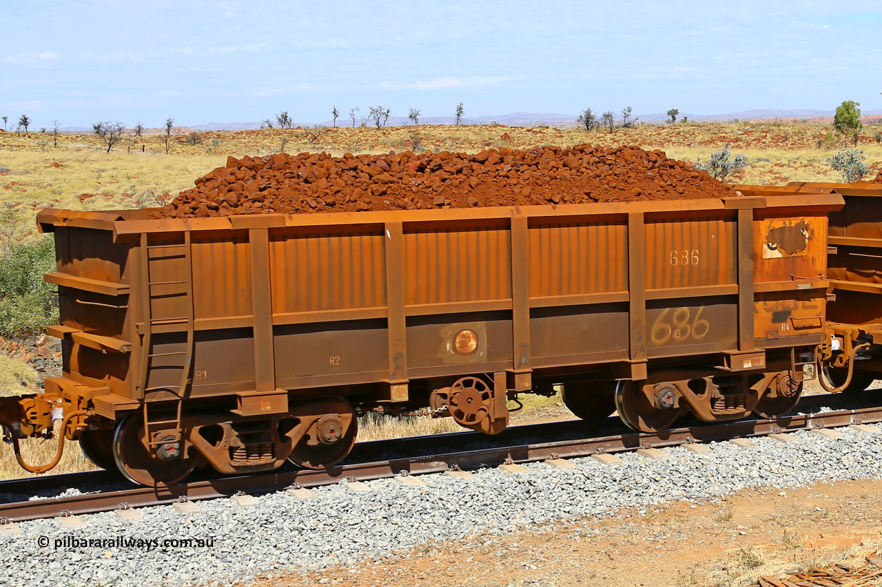 0686 170729 0198
Robe River ore waggon 686, built by Tomlinson Steel WA, fixed coupler handbrake side loaded view at the 103 km, between Maitland Siding and the Fortescue River on the Deepdale line. July 29, 2017.
Keywords: 686;Tomlinson-Steel-WA;Robe-ore-waggon;