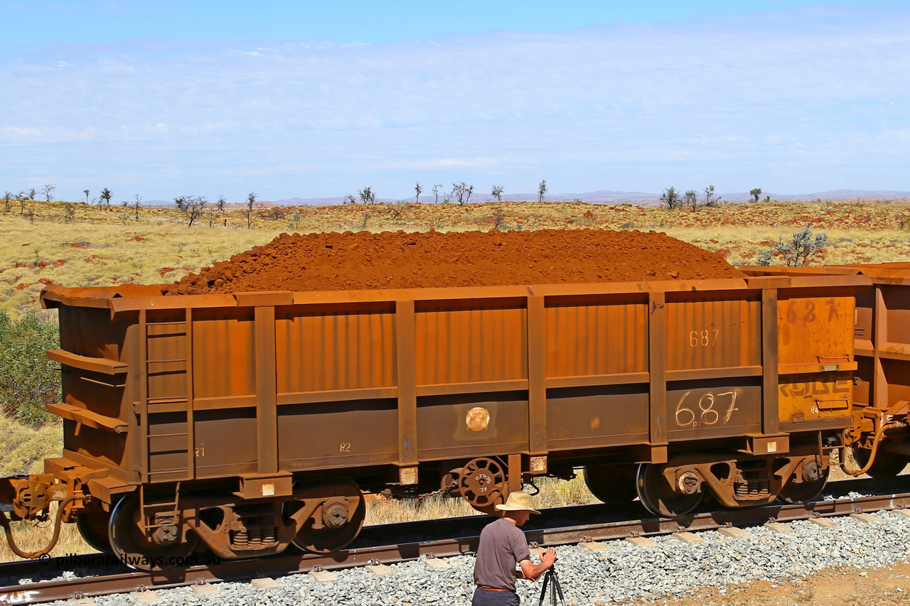 0687 170729 0273
Robe River ore waggon 687, built by Tomlinson Steel WA, fixed coupler handbrake side loaded view at the 103 km, between Maitland Siding and the Fortescue River on the Deepdale line. July 29, 2017.
Keywords: 687;Tomlinson-Steel-WA;Robe-ore-waggon;