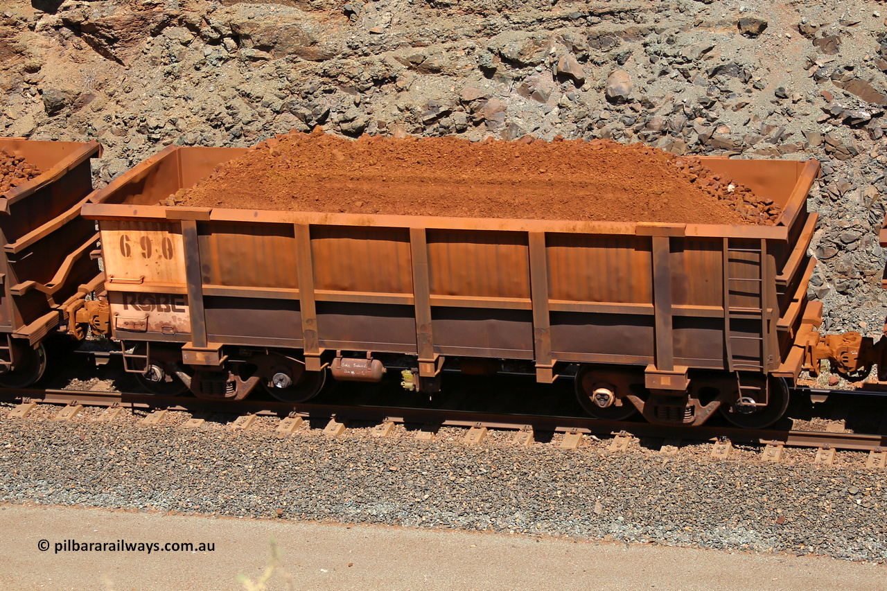 0690 160306 1637
Robe River ore waggon 690, built by Tomlinson Steel WA, fixed coupler non-handbrake side loaded view, at the 45 km, Harding Siding on the Cape Lambert line. March 6, 2016.
Keywords: 690;Tomlinson-Steel-WA;Robe-ore-waggon;