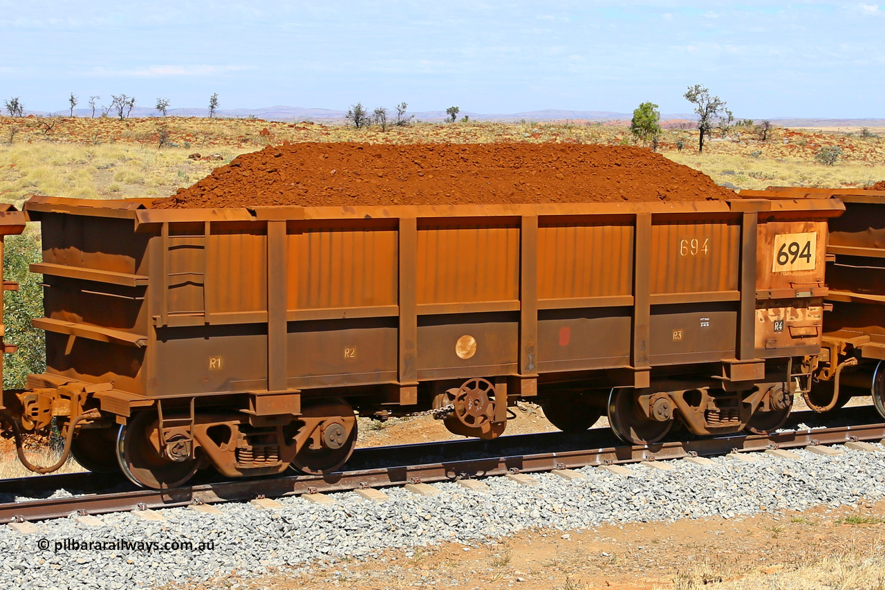 0694 170729 0225
Robe River ore waggon 694, built by Tomlinson Steel WA, fixed coupler handbrake side loaded view at the 103 km, between Maitland Siding and the Fortescue River on the Deepdale line. July 29, 2017.
Keywords: 694;Tomlinson-Steel-WA;Robe-ore-waggon;