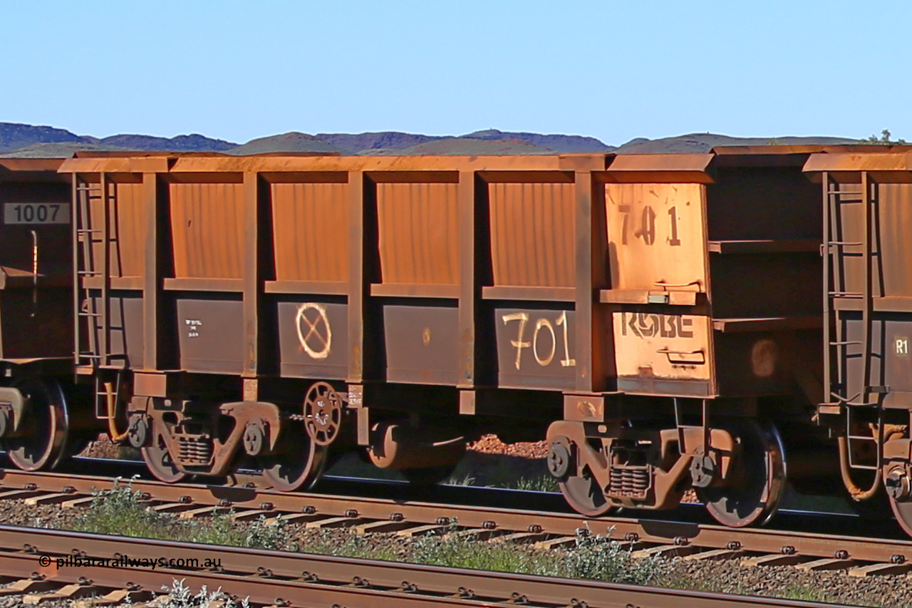 0701 160727 0958
Robe River ore waggon 701, built by Tomlinson Steel WA, rotary coupler end handbrake side empty view at Harding Siding on the Cape Lambert line, July 27, 2016.
Keywords: 701;Tomlinson-Steel-WA;Robe-ore-waggon;