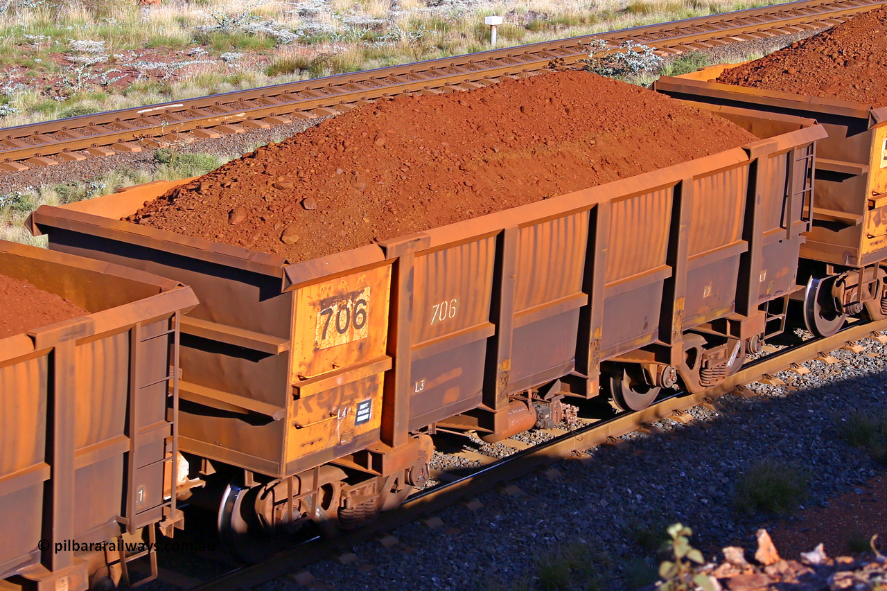 0706 210322 9756
Robe River ore waggon 706, built by Tomlinson Steel WA, rotary coupler end non-handbrake side loaded view at the 17 km on the Cape Lambert line, March 22, 2021.
Keywords: 706;Tomlinson-Steel-WA;Robe-ore-waggon;