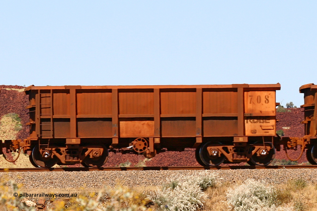 0708 060722 7448
Robe River ore waggon 708, built by Tomlinson Steel WA, handbrake side empty view at the 45.4 km just south of Harding Siding on the Cape Lambert line. July 22, 2006.
Keywords: 708;Tomlinson-Steel-WA;Robe-ore-waggon;