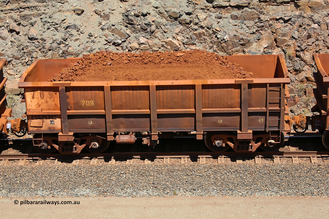 0709 160306 1513
Robe River ore waggon 709, built by Tomlinson Steel WA, fixed coupler non-handbrake side loaded view, at the 45 km, Harding Siding on the Cape Lambert line. March 6, 2016.
Keywords: 709;Tomlinson-Steel-WA;Robe-ore-waggon;