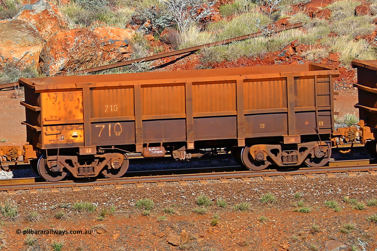 0710 180616 1719
Robe River ore waggon 710, built by Tomlinson Steel WA, rotary coupler end non-handbrake side empty view at the 38 km, Harding on the Cape Lambert line, June 16, 2018.
Keywords: 710;Tomlinson-Steel-WA;Robe-ore-waggon;