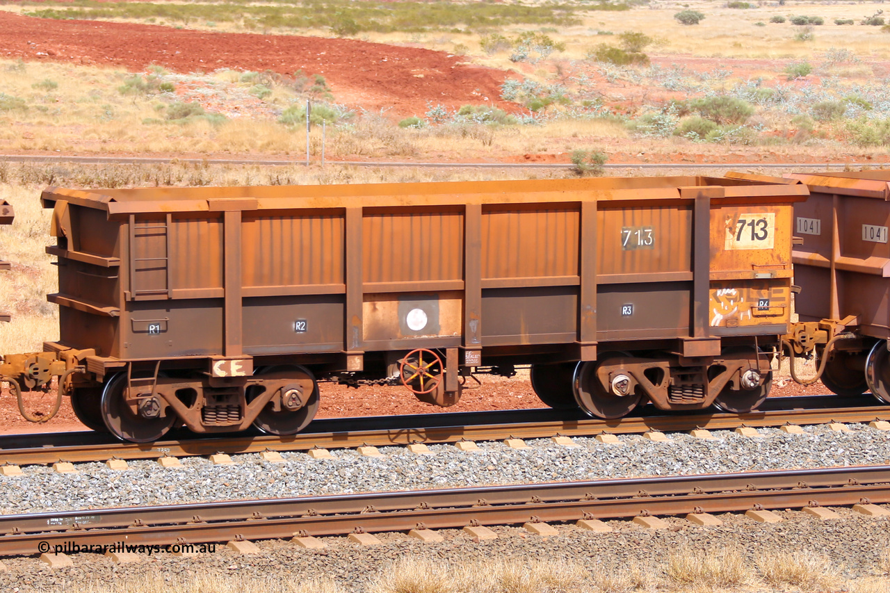 0713 141124 6842
Robe River ore waggon 713, built by Tomlinson Steel WA, fixed coupler handbrake side empty view at the 25 km at Arches Siding on the Cape Lambert line. November 24, 2014.
Keywords: 713;Tomlinson-Steel-WA;Robe-ore-waggon;