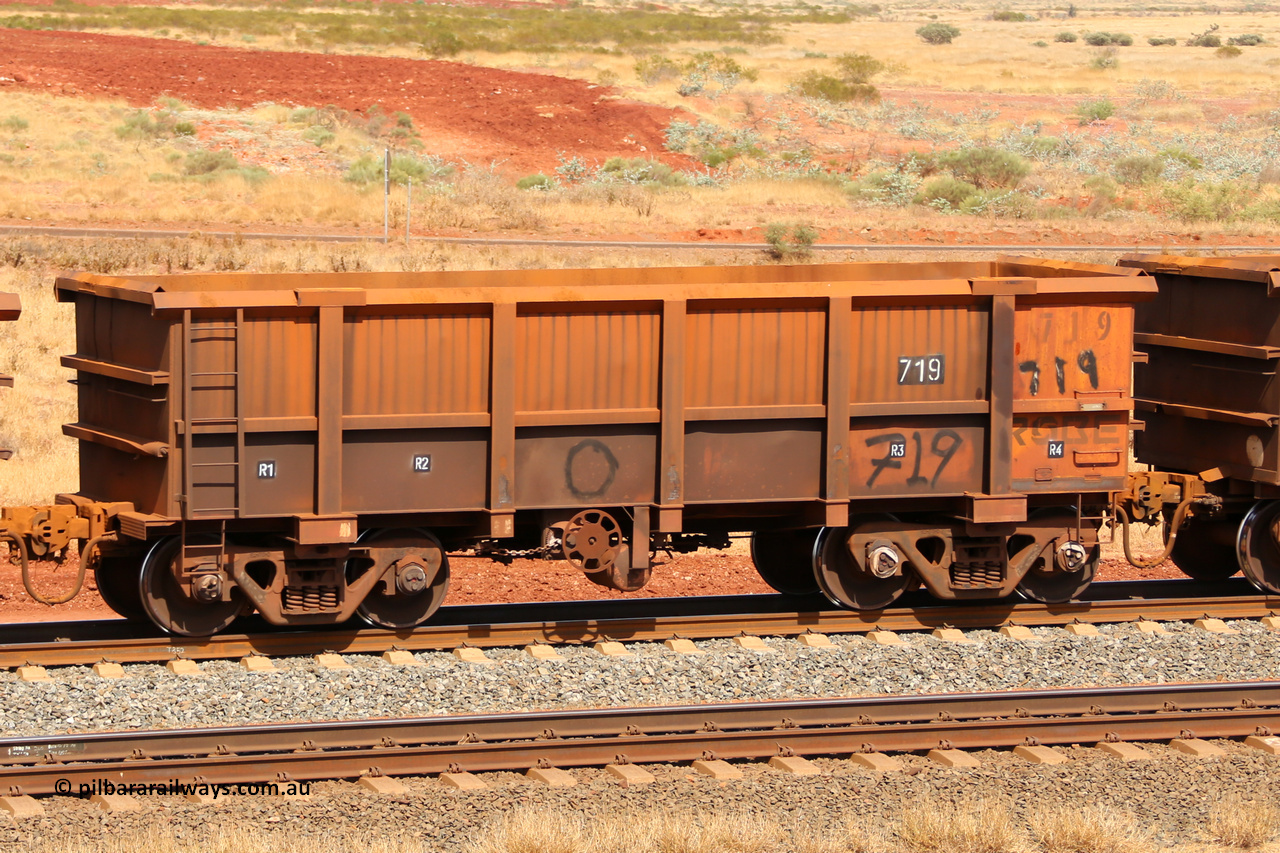 0719 141124 6846
Robe River ore waggon 719, built by Tomlinson Steel WA, fixed coupler handbrake side empty view at the 25 km at Arches Siding on the Cape Lambert line. November 24, 2014.
Keywords: 719;Tomlinson-Steel-WA;Robe-ore-waggon;
