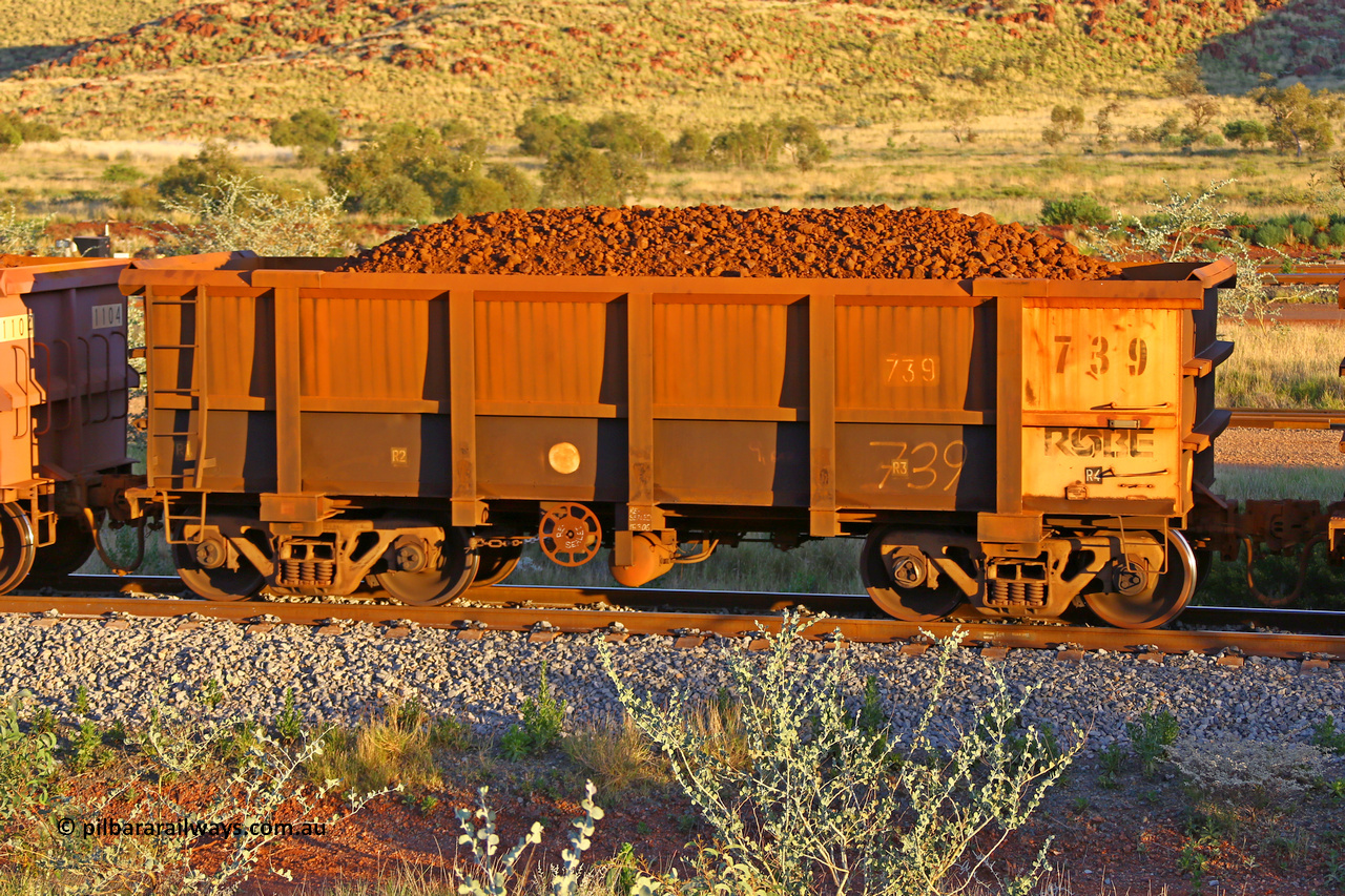0739 170513 8676
Robe River ore waggon 739, built by Tomlinson Steel WA, rotary coupler end handbrake side loaded view, Cape Lambert yard, May 13, 2017.
Keywords: 739;Tomlinson-Steel-WA;Robe-ore-waggon;
