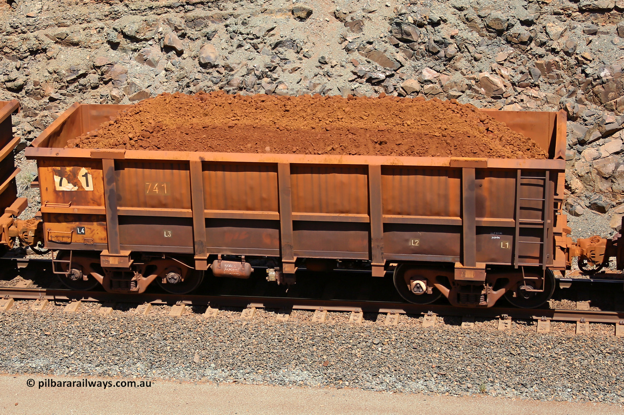 0741 160306 1573
Robe River ore waggon 741, built by Tomlinson Steel WA, fixed coupler non-handbrake side loaded view, at the 45 km, Harding Siding on the Cape Lambert line. March 6, 2016.
Keywords: 741;Tomlinson-Steel-WA;Robe-ore-waggon;