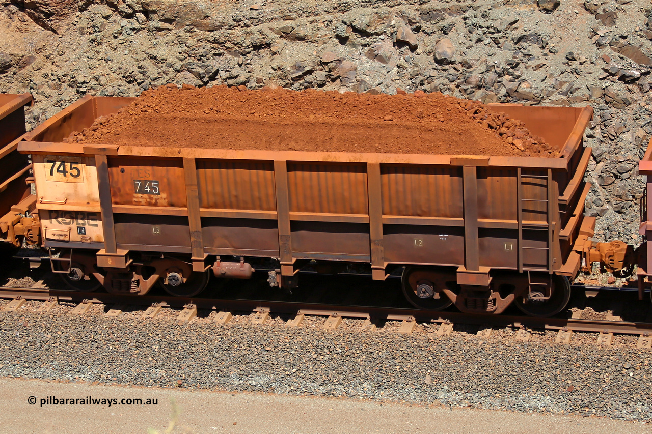 0745 160306 1629
Robe River ore waggon 745, built by Tomlinson Steel WA, fixed coupler non-handbrake side loaded view, stencil says TEST 4, at the 45 km, Harding Siding on the Cape Lambert line. March 6, 2016.
Keywords: 745;Tomlinson-Steel-WA;Robe-ore-waggon;