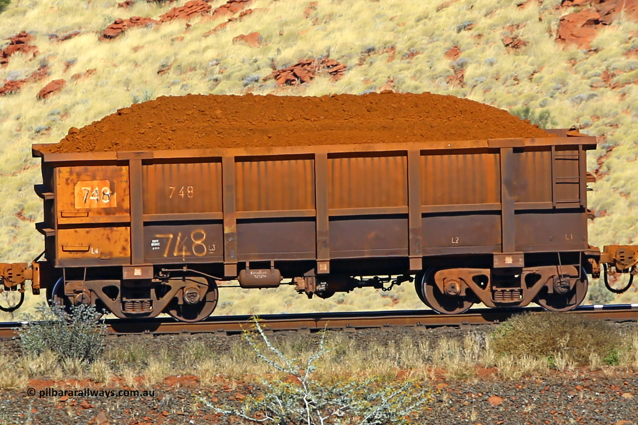 0748 170728 09935
Robe River ore waggon 748, built by Tomlinson Steel WA, non-handbrake side loaded view at the 72 km, Western Creek on the Deepdale line. July 28, 2017.
Keywords: 748;Tomlinson-Steel-WA;Robe-ore-waggon;