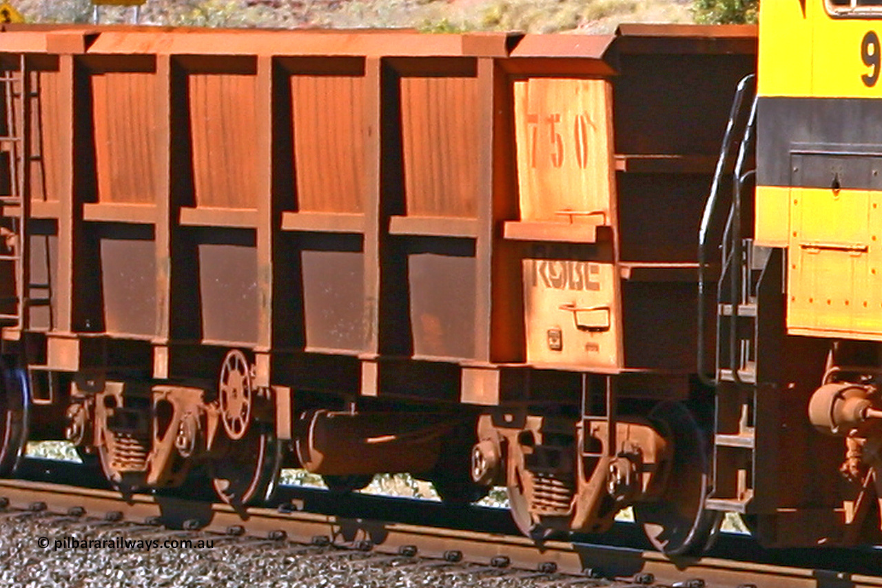 0750 060724 7914
Robe River ore waggon 750, built by Tomlinson Steel WA, fixed coupler handbrake side empty view at the 74 km, Western Creek on the Deepdale line. July 24, 2006.
Keywords: 750;Tomlinson-Steel-WA;Robe-ore-waggon;