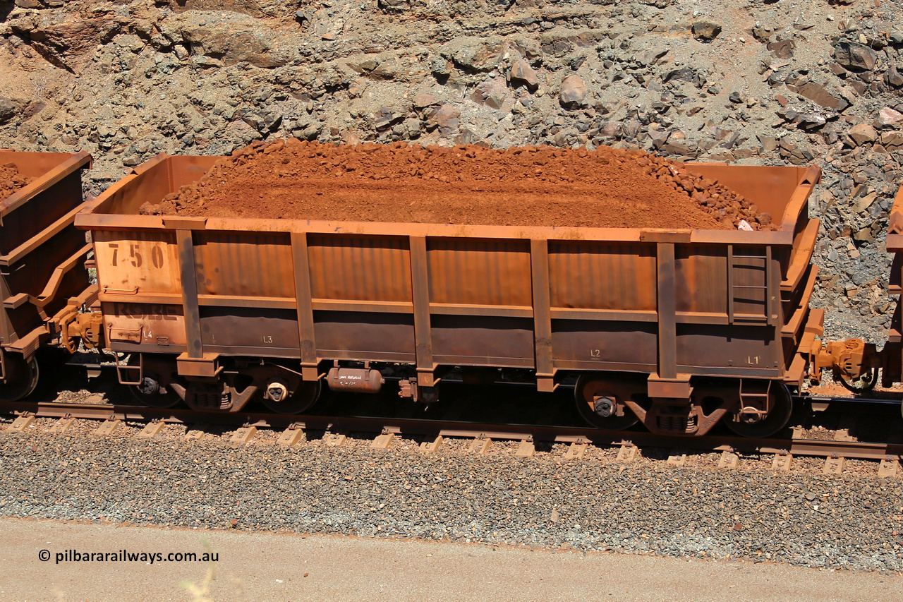0750 160306 1627
Robe River ore waggon 750, built by Tomlinson Steel WA, fixed coupler non-handbrake side loaded view, at the 45 km, Harding Siding on the Cape Lambert line. March 6, 2016.
Keywords: 750;Tomlinson-Steel-WA;Robe-ore-waggon;
