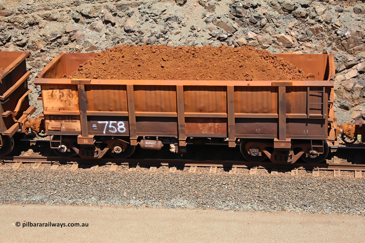 0758 160306 1526
Robe River ore waggon 758, built by Centurion Industries WA, fixed coupler non-handbrake side loaded view, at the 45 km, Harding Siding on the Cape Lambert line. March 6, 2016.
Keywords: 758;Centurion-Industries-WA;Robe-ore-waggon;