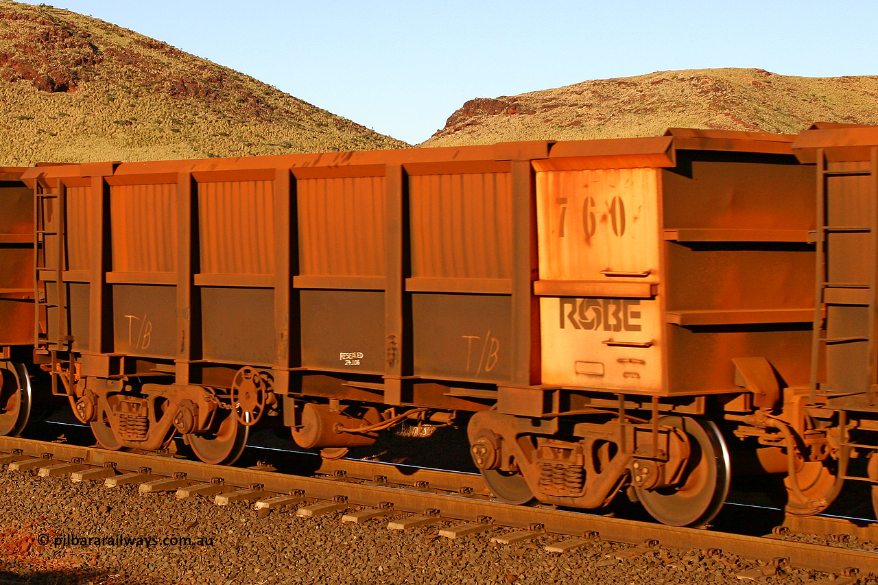 0760 060722 7616
Robe River ore waggon 760, built by Centurion Industries WA, rotary coupler end handbrake side empty partial view, at the 11.7 km, Cape Lambert. July 22, 2006.
Keywords: 760;Centurion-Industries-WA;Robe-ore-waggon;