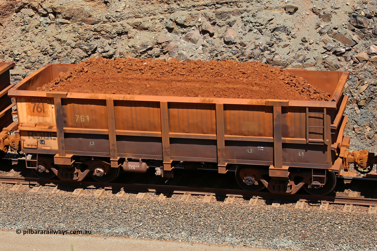 0761 160306 1621
Robe River ore waggon 761, built by Centurion Industries WA, fixed coupler non-handbrake side loaded view, at the 45 km, Harding Siding on the Cape Lambert line. March 6, 2016.
Keywords: 761;Centurion-Industries-WA;Robe-ore-waggon;