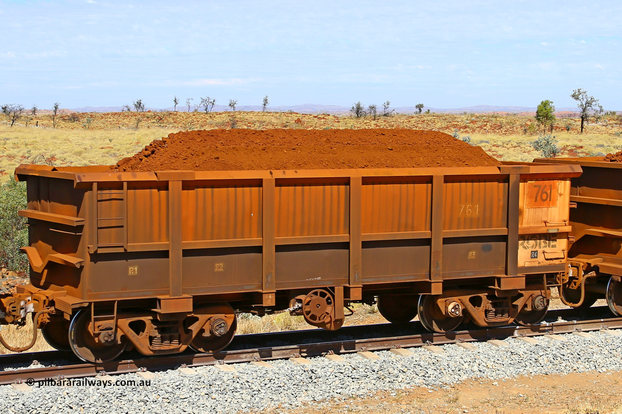 0761 170729 0254
Robe River ore waggon 761, built by Centurion Industries WA, fixed coupler handbrake side loaded view at the 103 km, between Maitland Siding and the Fortescue River on the Deepdale line. July 29, 2017.
Keywords: 761;Centurion-Industries-WA;Robe-ore-waggon;