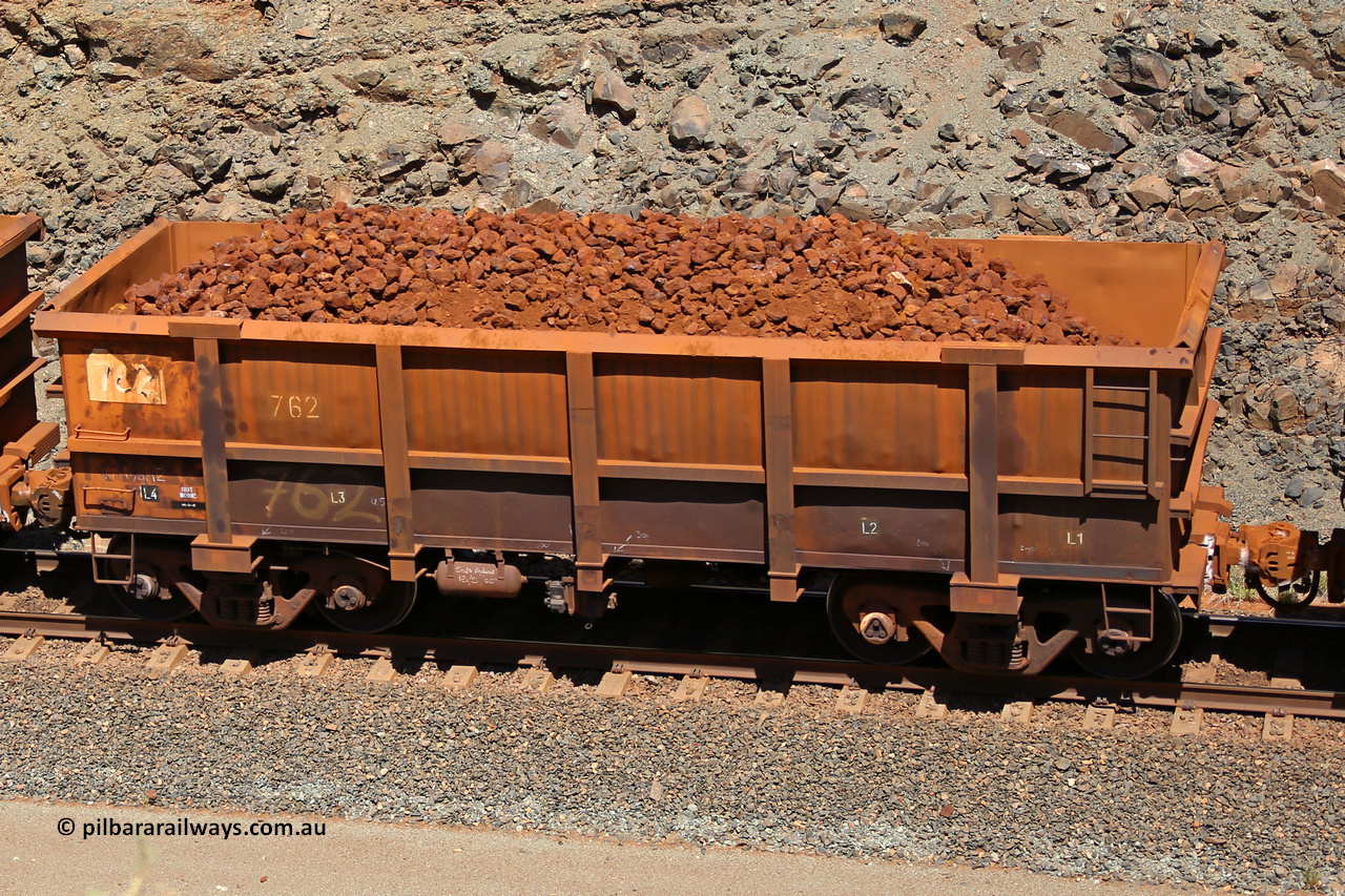 0762 160306 1658
Robe River ore waggon 762, built by Centurion Industries WA, fixed coupler non-handbrake side loaded view, at the 45 km, Harding Siding on the Cape Lambert line. March 6, 2016.
Keywords: 762;Centurion-Industries-WA;Robe-ore-waggon;