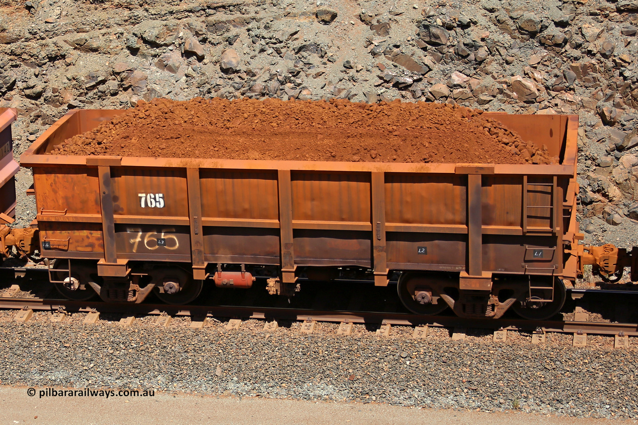 0765 160306 1605
Robe River ore waggon 765, built by Centurion Industries WA, fixed coupler non-handbrake side loaded view, at the 45 km, Harding Siding on the Cape Lambert line. March 6, 2016.
Keywords: 765;Centurion-Industries-WA;Robe-ore-waggon;