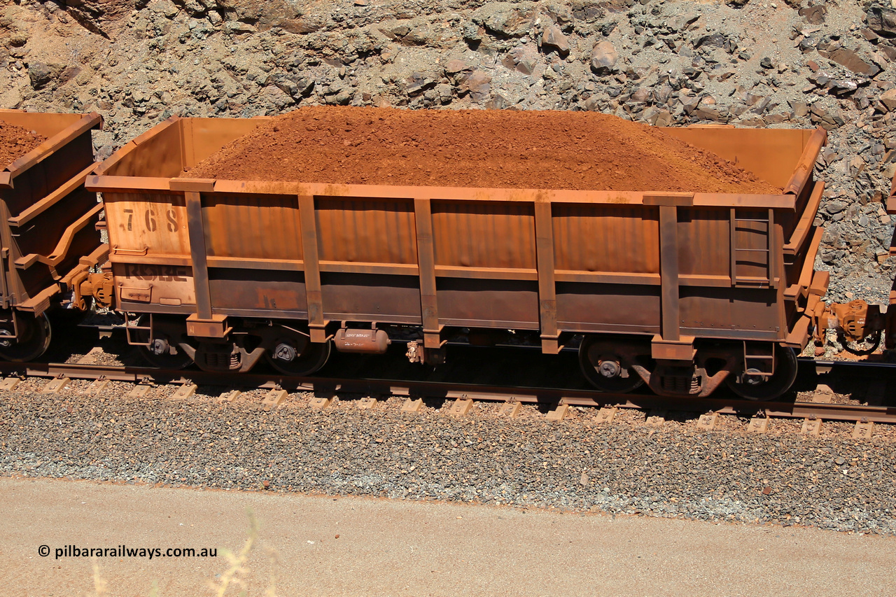 0768 160306 1652
Robe River ore waggon 768, built by Centurion Industries WA, fixed coupler non-handbrake side loaded view, at the 45 km, Harding Siding on the Cape Lambert line. March 6, 2016.
Keywords: 768;Centurion-Industries-WA;Robe-ore-waggon;