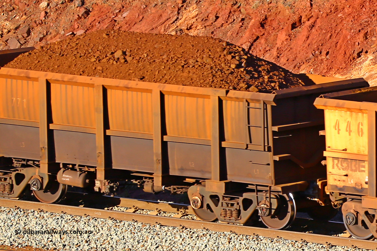 0771 180616 1652
Robe River ore waggon 771, built by Centurion Industries WA, fixed coupler non-handbrake side loaded view at the 38.5 km, Harding on the Cape Lambert line, June 16, 2018.
Keywords: 771;Centurion-Industries-WA;Robe-ore-waggon;