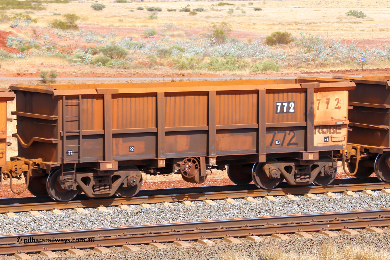0772 141124 6783
Robe River ore waggon 772, built by Centurion Industries WA, fixed coupler handbrake side empty view at the 25 km at Arches Siding on the Cape Lambert line. November 24, 2014.
Keywords: 772;Centurion-Industries-WA;Robe-ore-waggon;