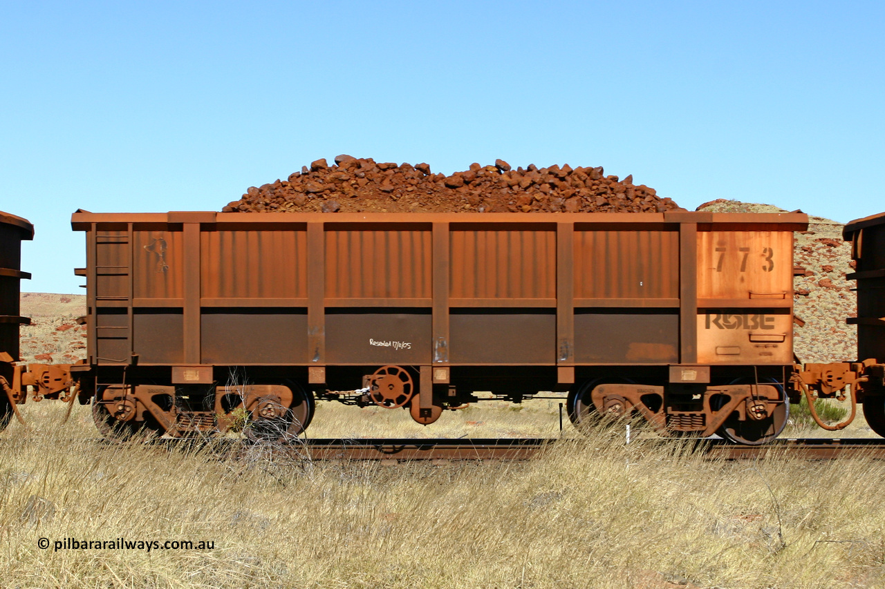 0773 060722 7498
Robe River ore waggon 773, built by Centurion Industries WA, handbrake side loaded view at the 78.8 km between Western Creek and Maitland on the Deepdale line. July 22, 2006.
Keywords: 773;Centurion-Industries-WA;Robe-ore-waggon;