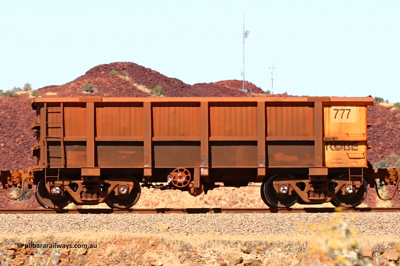 0777 060722 7440
Robe River ore waggon 777, built by Centurion Industries WA, handbrake side empty view at the 45.4 km just south of Harding Siding on the Cape Lambert line. July 22, 2006.
Keywords: 777;Centurion-Industries-WA;Robe-ore-waggon;