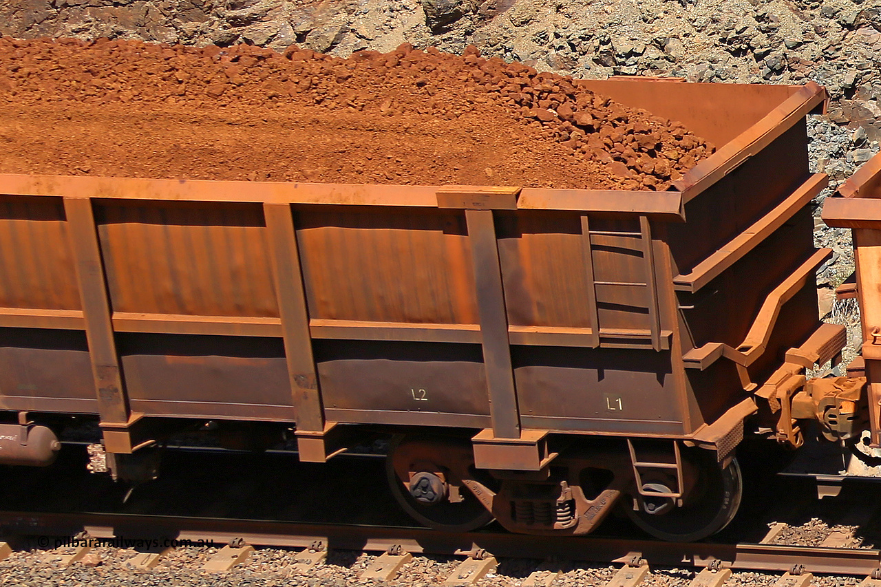0780 160306 1611
Robe River ore waggon 780, built by Centurion Industries WA, fixed coupler non-handbrake side loaded view, shows drop rib detail, at the 45 km, Harding Siding on the Cape Lambert line. March 6, 2016.
Keywords: 780;Centurion-Industries-WA;Robe-ore-waggon;