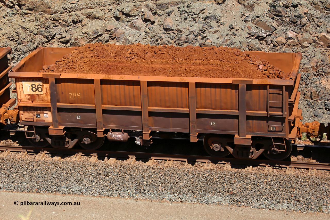 0786 160306 1639
Robe River ore waggon 786, built by Centurion Industries WA, fixed coupler non-handbrake side loaded view, at the 45 km, Harding Siding on the Cape Lambert line. March 6, 2016.
Keywords: 786;Centurion-Industries-WA;Robe-ore-waggon;