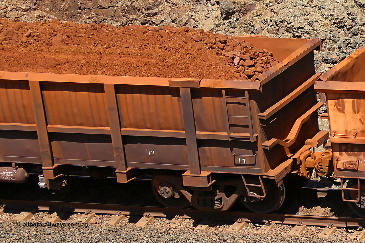 0786 160306 1640
Robe River ore waggon 786, built by Centurion Industries WA, fixed coupler non-handbrake side loaded view, shows drop rib detail, at the 45 km, Harding Siding on the Cape Lambert line. March 6, 2016.
Keywords: 786;Centurion-Industries-WA;Robe-ore-waggon;