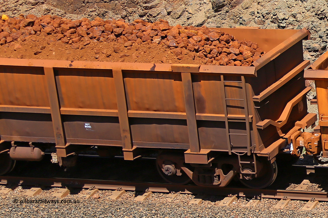 0787 160306 1664
Robe River ore waggon 787, built by Centurion Industries WA, fixed coupler non-handbrake side loaded view, shows drop rib detail, at the 45 km, Harding Siding on the Cape Lambert line. March 6, 2016.
Keywords: 787;Centurion-Industries-WA;Robe-ore-waggon;