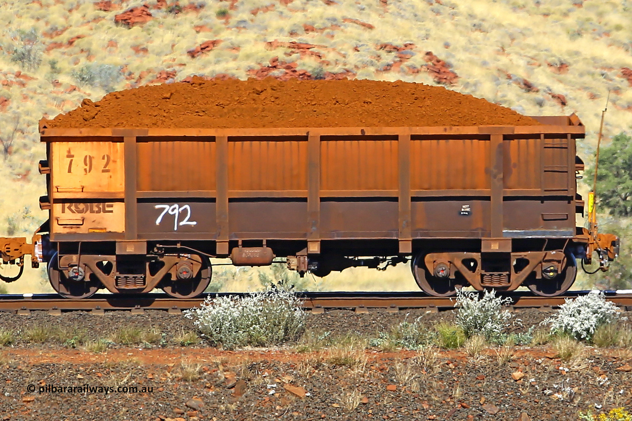 0792 170728 09955
Robe River ore waggon 792, built by Centurion Industries WA, non-handbrake side loaded end of train view at the 72 km, Western Creek on the Deepdale line. July 28, 2017.
Keywords: 792;Centurion-Industries-WA;Robe-ore-waggon;