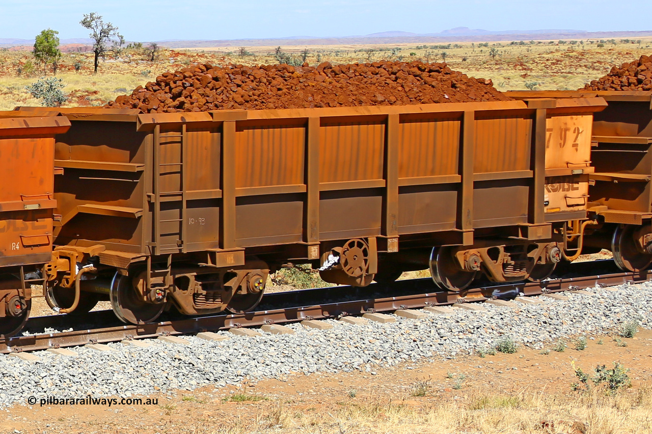 0792 170729 0197
Robe River ore waggon 792, built by Centurion Industries WA, fixed coupler handbrake side loaded view at the 103 km, between Maitland Siding and the Fortescue River on the Deepdale line. July 29, 2017.
Keywords: 792;Centurion-Industries-WA;Robe-ore-waggon;