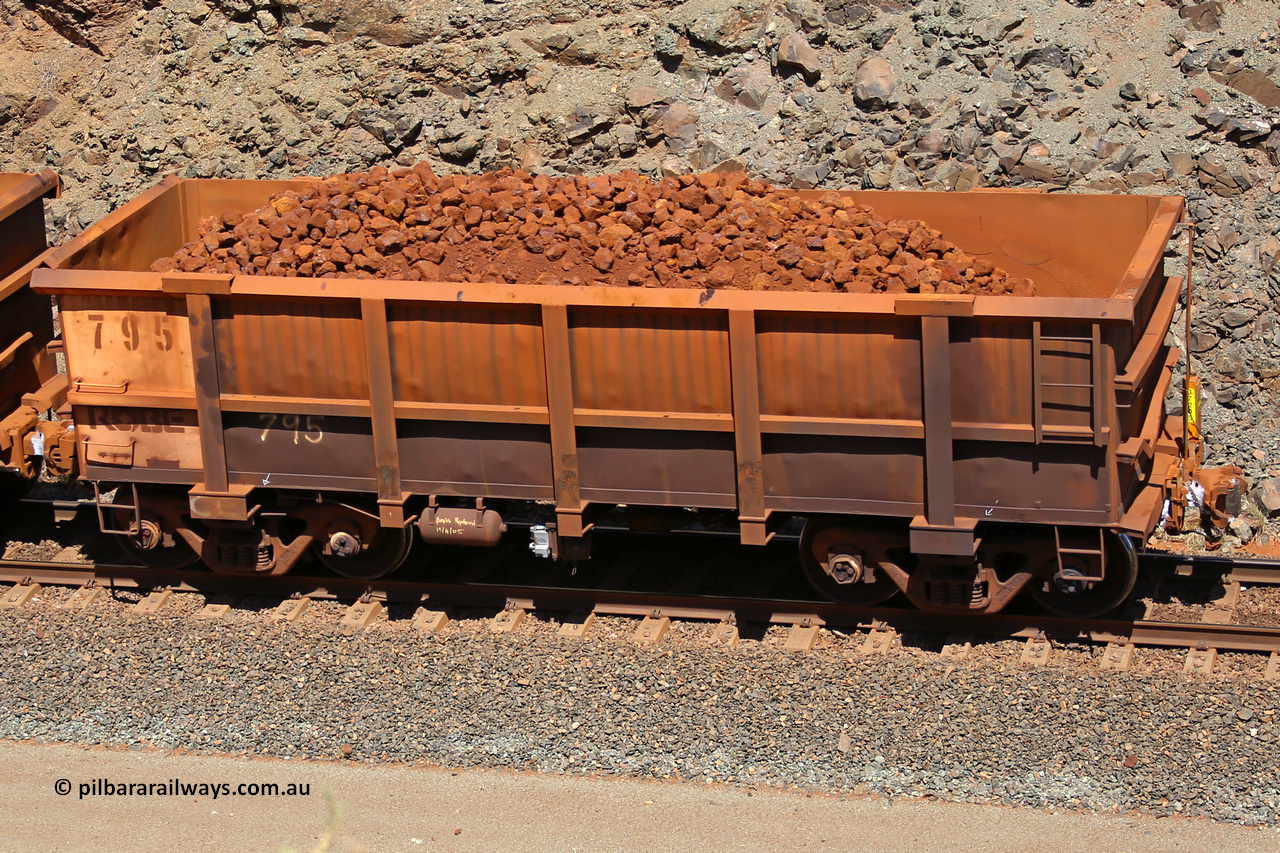 0795 160306 1674
Robe River ore waggon 795, built by Centurion Industries WA, fixed coupler non-handbrake side loaded end of train view, at the 45 km, Harding Siding on the Cape Lambert line. March 6, 2016.
Keywords: 795;Centurion-Industries-WA;Robe-ore-waggon;