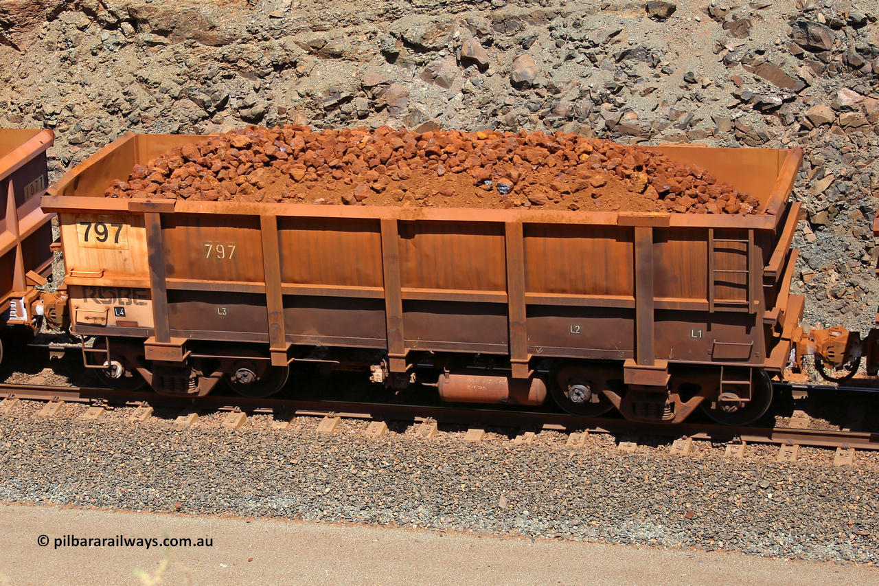 0797 160306 1661
Robe River ore waggon 797, built by Centurion Industries WA, fixed coupler non-handbrake side loaded view, at the 45 km, Harding Siding on the Cape Lambert line. March 6, 2016.
Keywords: 797;Centurion-Industries-WA;Robe-ore-waggon;