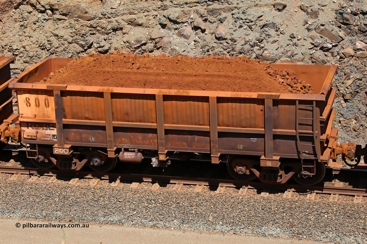 0800 160306 1633
Robe River ore waggon 800, built by Centurion Industries WA, fixed coupler non-handbrake side loaded view, at the 45 km, Harding Siding on the Cape Lambert line. March 6, 2016.
Keywords: 800;Centurion-Industries-WA;Robe-ore-waggon;