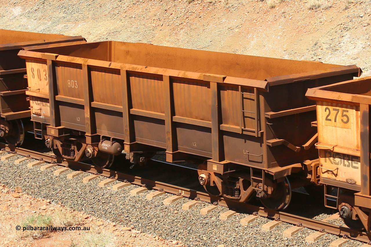 0803 160306 1323
Robe River ore waggon 803, built by Centurion Industries WA, fixed coupler non-handbrake side empty view shows drop rib at Greenpool on the Cape Lambert line. March 6, 2016.
Keywords: 803;Centurion-Industries-WA;Robe-ore-waggon;