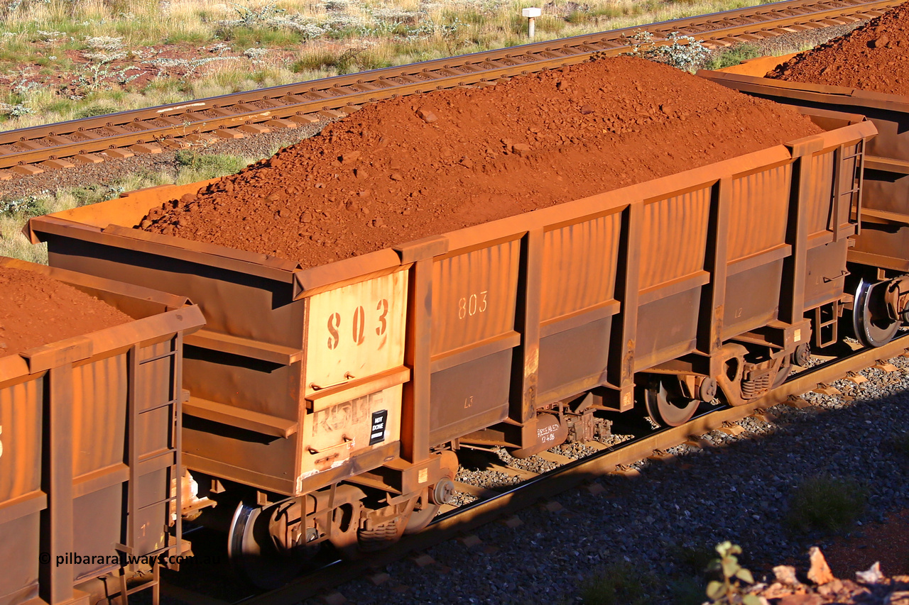 0803 210322 9713
Robe River ore waggon 803, built by Centurion Industries  WA, rotary coupler end non-handbrake side loaded view at the 17 km on the Cape Lambert line, March 22, 2021.
Keywords: 803;Centurion-Industries-WA;Robe-ore-waggon;