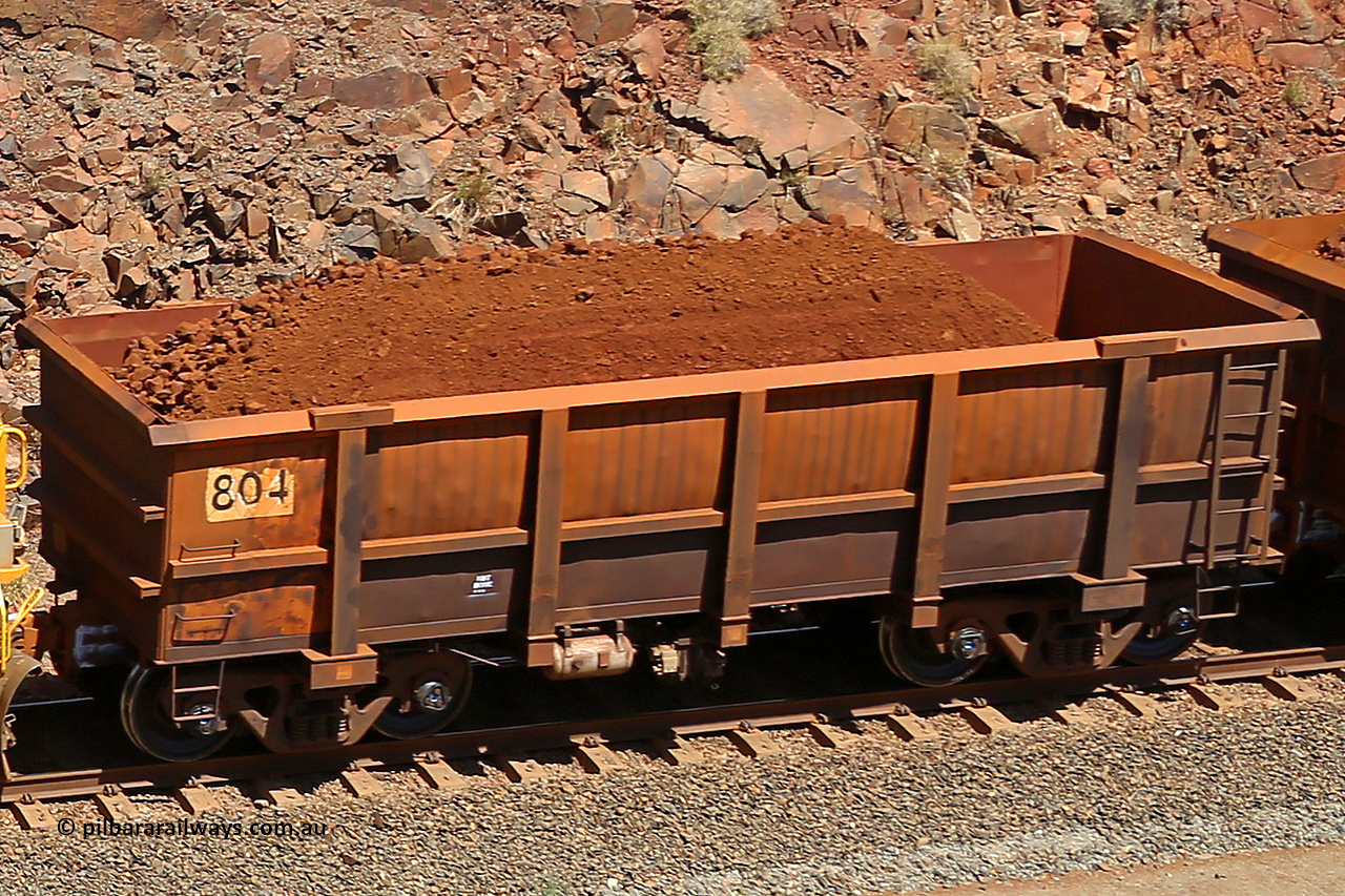 0804 160306 1507
Robe River ore waggon 804, built by Centurion Industries WA, rotary coupler end non-handbrake side loaded view, at the 45 km, Harding Siding on the Cape Lambert line. March 6, 2016.
Keywords: 804;Centurion-Industries-WA;Robe-ore-waggon;