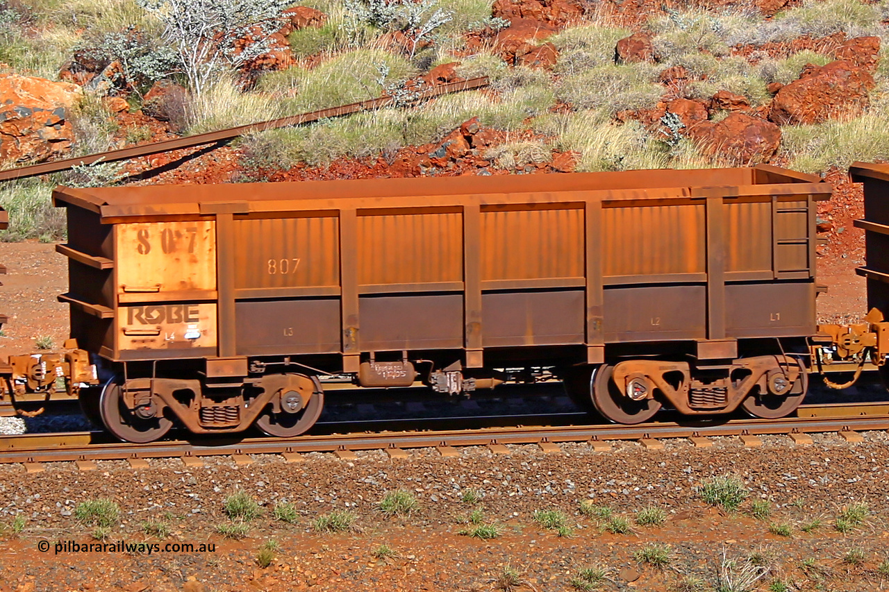 0807 180616 1694
Robe River ore waggon 807, built by Centurion Industries WA, rotary coupler end non-handbrake side empty view at the 38 km, Harding on the Cape Lambert line, June 16, 2018.
Keywords: 807;Centurion-Industries-WA;Robe-ore-waggon;