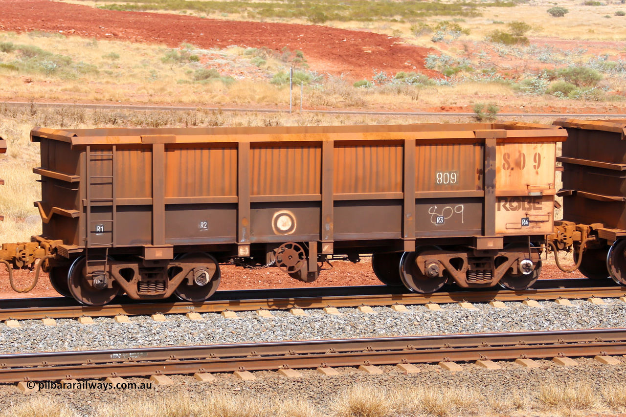 0809 141124 6860
Robe River ore waggon 809, built by Centurion Industries WA, fixed coupler handbrake side empty view at the 25 km at Arches Siding on the Cape Lambert line. November 24, 2014.
Keywords: 809;Centurion-Industries-WA;Robe-ore-waggon;