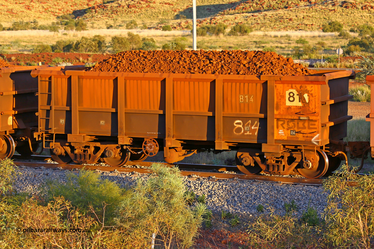 0814 170513 8634
Robe River ore waggon 814, built by Centurion Industries WA, rotary coupler end handbrake side loaded view, Cape Lambert yard, May 13, 2017.
Keywords: 814;Centurion-Industries-WA;Robe-ore-waggon;