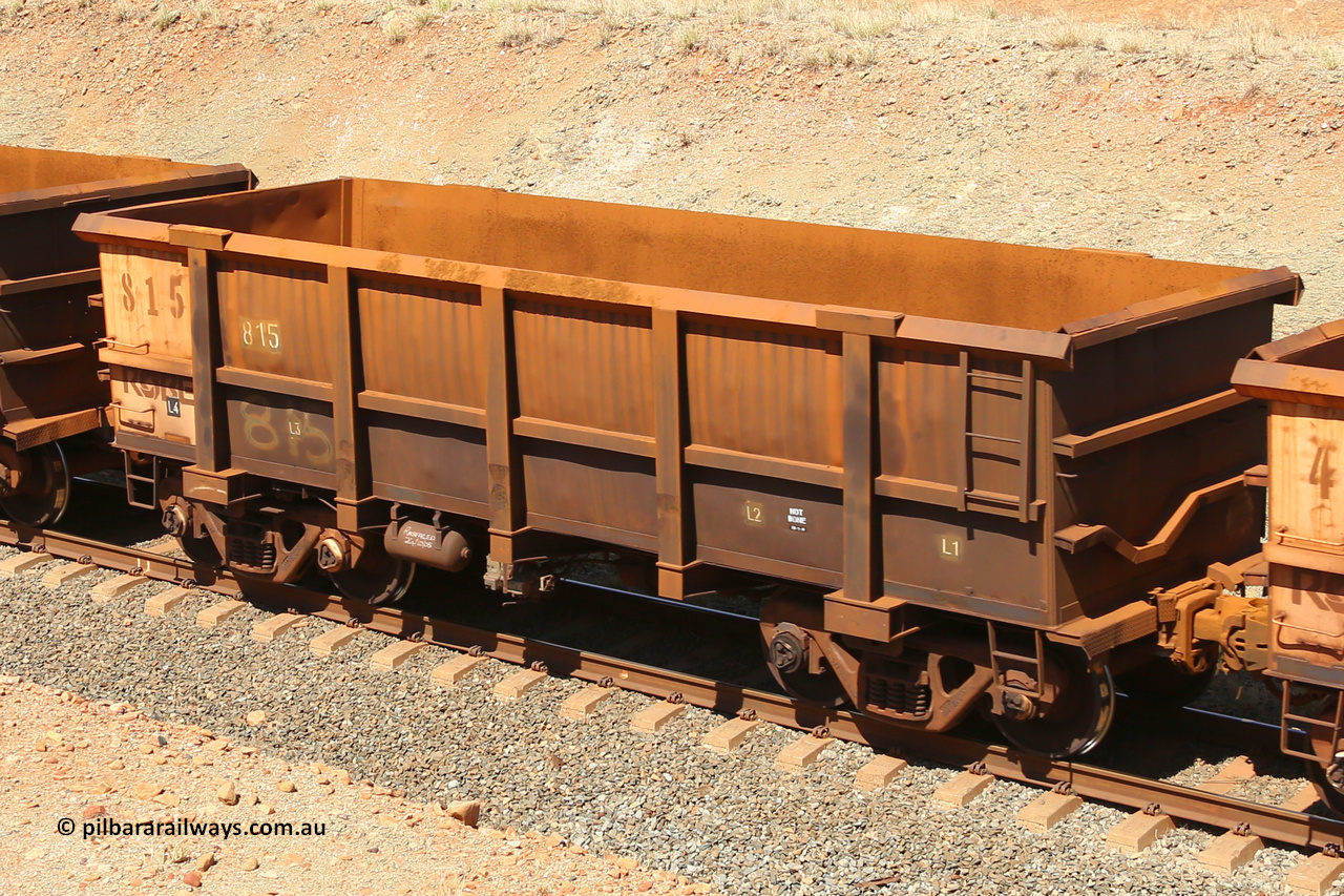 0815 160306 1255
Robe River ore waggon 815, built by Centurion Industries WA, fixed coupler non-handbrake side empty view at Greenpool on the Cape Lambert line. March 6, 2016.
Keywords: 815;Centurion-Industries-WA;Robe-ore-waggon;