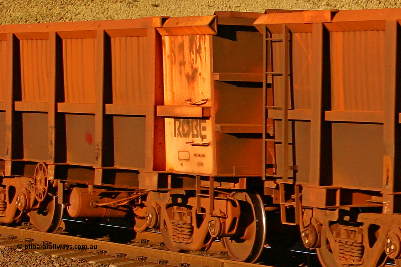 0819 060722 7612
Robe River ore waggon 813, built by Centurion Industries WA, rotary coupler end handbrake side empty partial view, at the 11.7 km, Cape Lambert. July 22, 2006.
Keywords: 819;Centurion-Industries-WA;Robe-ore-waggon;