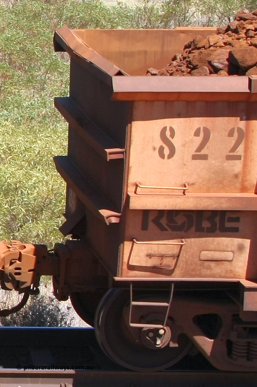 0822 081209 0119
Robe River ore waggon 822, built by Centurion Industries WA, rotary coupler end panel and plate view at the 7 km location just south of Cape Lambert yard. December 9, 2008.
Keywords: 822;Centurion-Industries-WA;Robe-ore-waggon;
